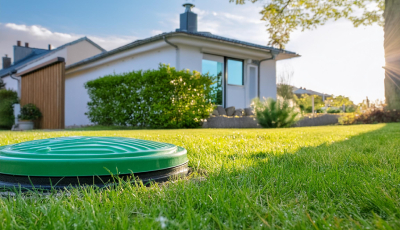 Photo montrant un couvercle de citerne à gaz enterrée, de couleur verte, situé dans un jardin bien entretenu. La maison moderne en arrière-plan est entourée de verdure, et la lumière du soleil éclaire doucement la scène, créant une atmosphère paisible et naturelle