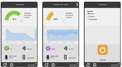  Image montrant l'interface utilisateur d'une application de télémétrie pour la gestion de citernes de gaz. Les écrans affichent des informations comme le pourcentage de remplissage, des graphiques de suivi en temps réel, des alertes, et des paramètres tels que la sélection de la langue. L'interface est claire et fonctionnelle, avec des indicateurs visuels pour faciliter le suivi