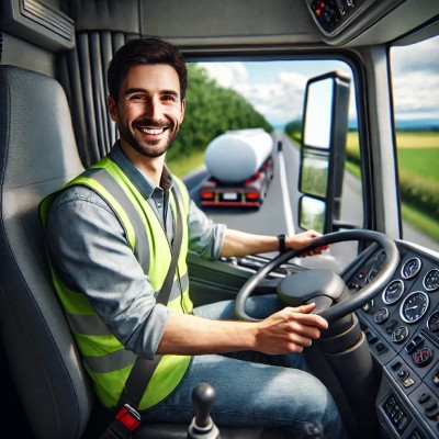 Image montrant un chauffeur-livreur souriant assis au volant d'un grand camion-citerne. Le conducteur, portant un casque et un gilet réfléchissant, a les mains sur le volant et semble concentré et professionnel. L'intérieur du camion est moderne et propre