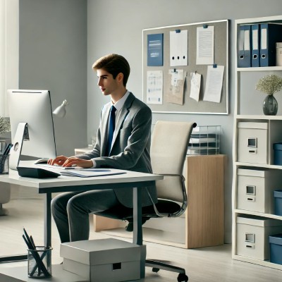  Image montrant un employé administratif dans un bureau moderne. Il est assis à un bureau, travaillant sur un ordinateur. Il porte un costume gris avec une cravate, correspondant à un style vestimentaire professionnel. Autour de lui se trouvent des élémen